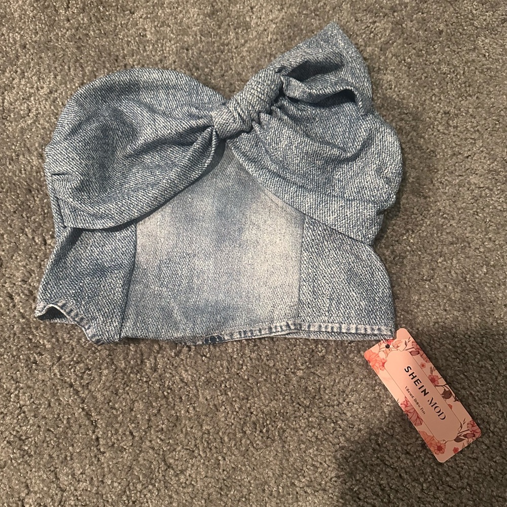 SHEIN Light Blue Denim Bow Top